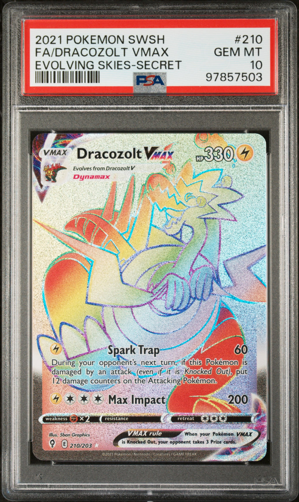 PSA 10 Dracozolt Vmax 210 Evolving Skies Secret Rare Pokemon Graded Card